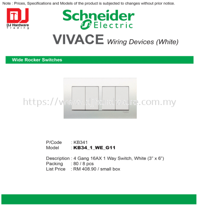 SCHNEIDER ELECTRIC VIVACE WIRING DEVICES WHITE WIDE ROCKER SWITCHES KB341 4 GANG 16AX 1 WAY SWITCH KB34-1-WE-G11 (CL)