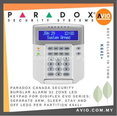 Paradox Canada Security Burglar Alarm 32 Zone LCD Keypad for Digiplex EVO Series Separate Arm Sleep Stay Off LED K641+