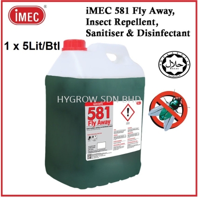 IMEC 581 Fly Away, Insect Repellent, Sanitizer and Disinfectant Cleaner, Halal, 1 x 5Litre/drum