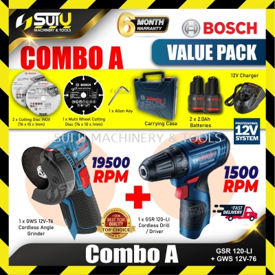 BOSCH COMBO A 12V GSR 120-LI Cordless Drill/ Driver + GWS 12V-76 Cordless Angle Grinder 