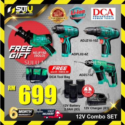 DCA 12V Combo SET ADJF15Z Saw + ADJZ10-10Z Driver Drill + ADPL02-8Z Impact Drill + ADZC13Z Hammer Drill + 3x2.0Ah 12V Battery + Charger + Tool Bag