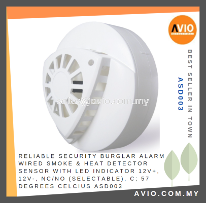 Reliable Security Burglar Alarm Wired Smoke & Heat Detector Sensor with LED Indicator 57' Degrees Celsius Trigger ASD003