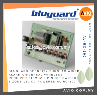 Bluguard Security Burglar Wired Alarm Universal Wireless Receiver 315MHz 8 Pin DIP Switch 8 Zone 12VDC Powered AL-RC-200