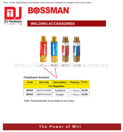 BOSSMAN WELDING ACCESSORIES FLASHBACK ARRESTOR FOR REGULATOR OXYGEN BFAO 9555747344579 (CL)