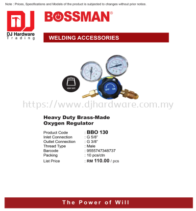 BOSSMAN WELDING ACCESSORIES HEAVY DUTY BRASS MADE OXYGEN REGULATOR BBO130 9555747348737 (CL)