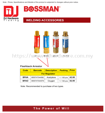 BOSSMAN WELDING ACCESSORIES FLASHBACK ARRESTOR FOR REGULATOR ACETYLENE BFAA 9555747344562 (CL)