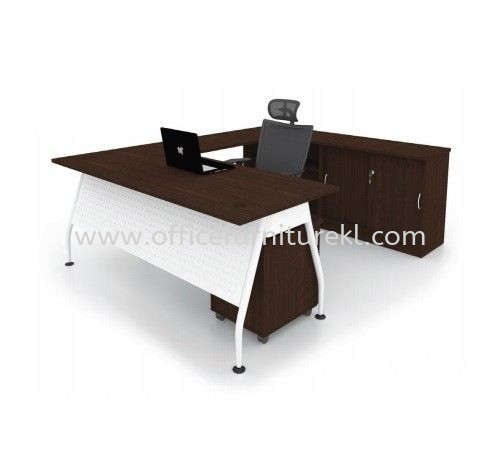 MADISON EXECUTIVE L-SHAPE OFFICE TABLE / DESK METAL A LEG C/W LOW CABINET & MOBILE PEDESTAL 3D (Color Walnut) - L-shape table Mutiara Tropicana | L-shape table Taman Perindustrian Subang | L-shape table Chan Sow Lin | L-shape table Anniversary Sale