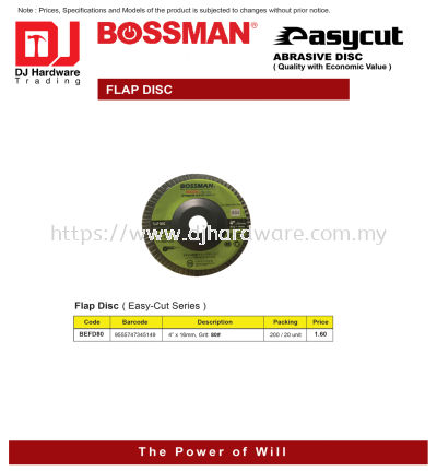 BOSSMAN FLAP DISC EASY CUT SERIES BEFD80 4'' X 16MM 9555747345149 (CL)