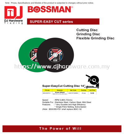 BOSSMAN SUPER EASY CUT SERIES SUPER EASYCUT CUTTING DISC BSG355FG1 GREEN WHEEL 14'' X 3.0MM X 25.4MM 9555747348683 (CL)