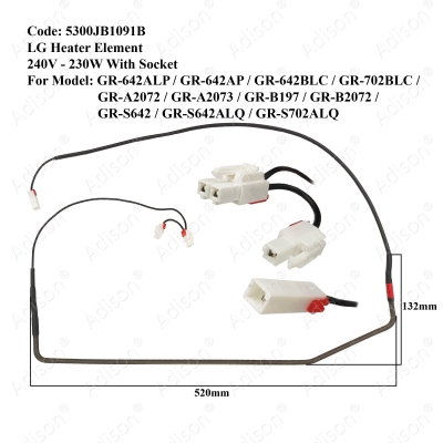 Code: 5300JB1091B Heater Element LG 240V 230W GR-B2072 / GR-B197 / GR-A2073 / GR-A2072 / GR-S702ALQ / GR-S642ATQ / GR-S642ALQ / GR-702BLC / GR-642BLC/ GR-642ALP / GR-T692 / GR-S642