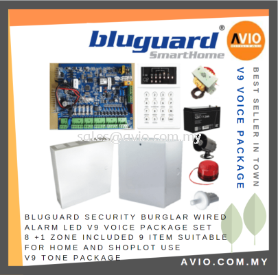 Bluguard Security Burglar Wired Alarm LED V9 VOICE PACKAGE 8 +1 Zone Include 9 Item Suit Home Shop use V9 Voice Package