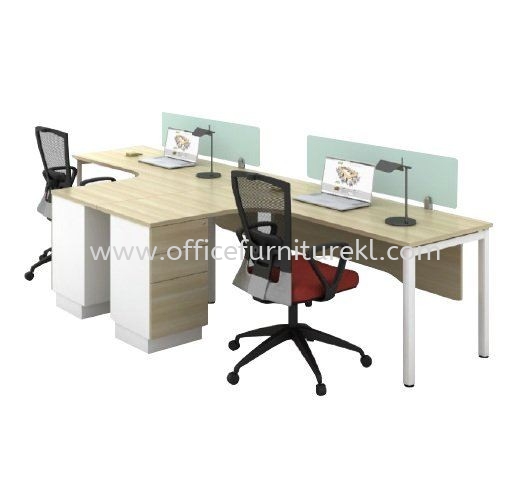 MUPHI L-SHAPE OFFICE TABLE / DESK C/W GLASS PANEL DIVIDER & FIXED PEDESTAL 3D ASWL 552-3D (Color Boras Ash) - office partition workstation Putrajaya | office partition workstation Seremban | office partition workstation Nilai | office partition workstation Office Furniture Shop