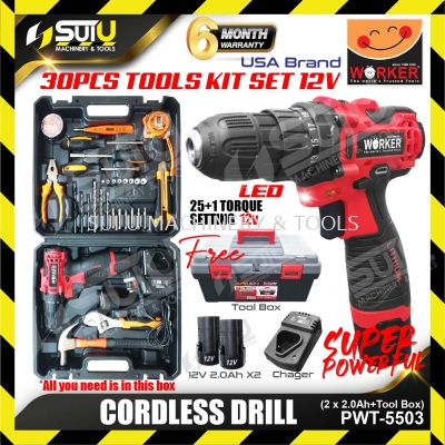 WORKER WK-PWT-5503-12V/30PCS Cordless Drill with Tools Kit Set + Tool Box