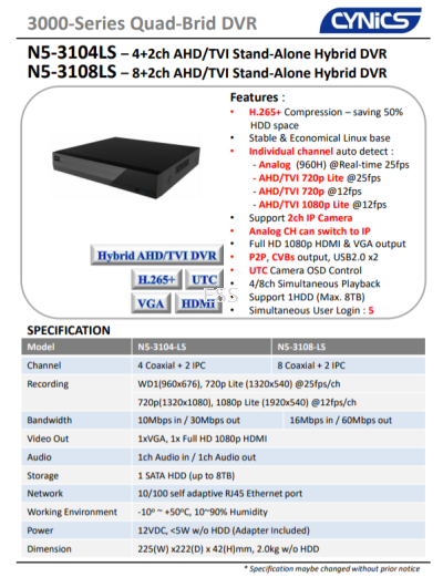 Cynics 2MP 4ch 8ch DVR N5-3104-LS  N5-3108-LS