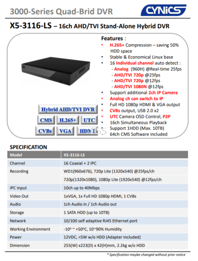 Cynics 2MP 16ch DVR X5-3116-LS