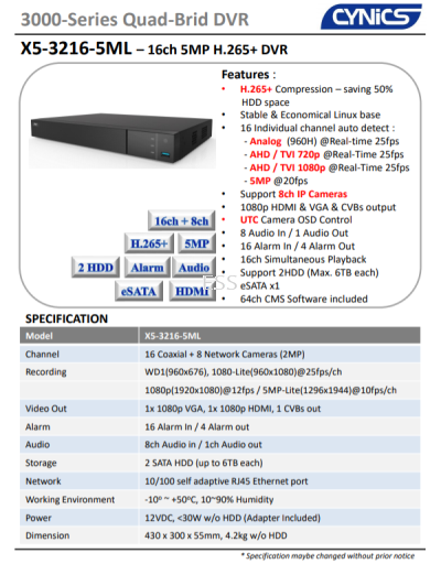 Cynics 5MP-Lite 16ch DVR X5-3216-5ML