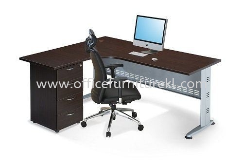 QAMAR L-SHAPE OFFICE TABLE / DESK C/W FIXED PEDESTAL 4D AQL 1815-4D (L) (Color Walnut) - L shape office table Setia Alam | L shape office table Cheras | L shape office table Damansara Jaya | L-shape office table Top 10 Promotion Price