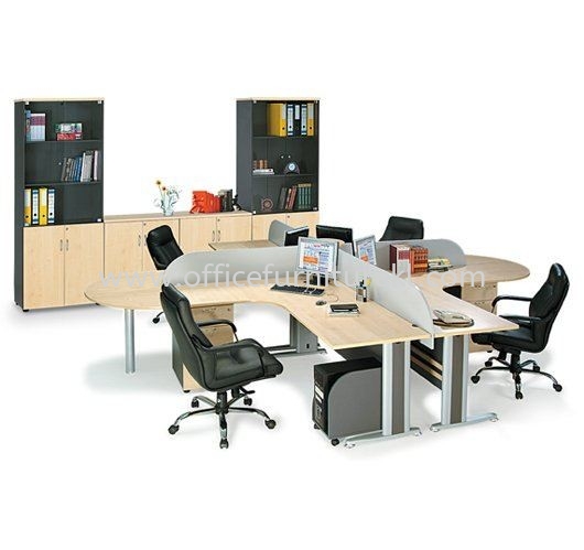 TITUS CLUSTER 4 L-SHAPE OFFICE TABLE / DESK C/W WOODEN PARTITION BOARD, ROUND DISCUSSION TABLE & CPU HOLDER (Color Maple) - L shape office table Taman Wahyu | L shape office table Jalan Kerinchi | L shape office table Bandar Sunway | L-shape office table Direct From Factory