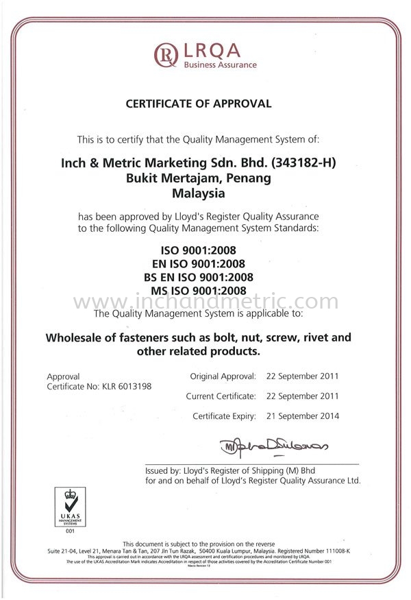 ISO 9001 & UKAS Mark and ISO Certificate