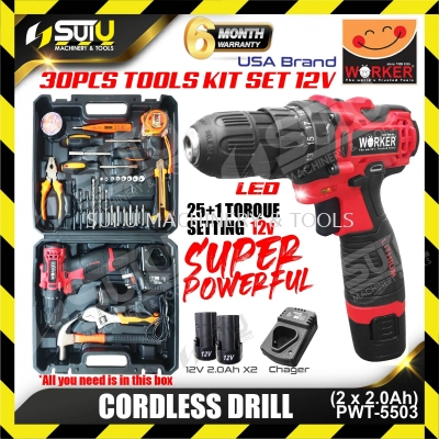 WORKER WK-PWT-5503-12V/30PCS Cordless Drill with Tools Kit Set