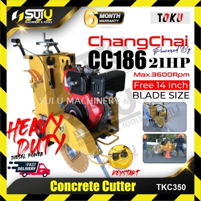 TOKU TKC350 21HP Heavy Duty Air-Cooled Diesel Concrete Cutter c/w ChangChai CC186 Keystart (1 x 14 Blade) 3600rpm
