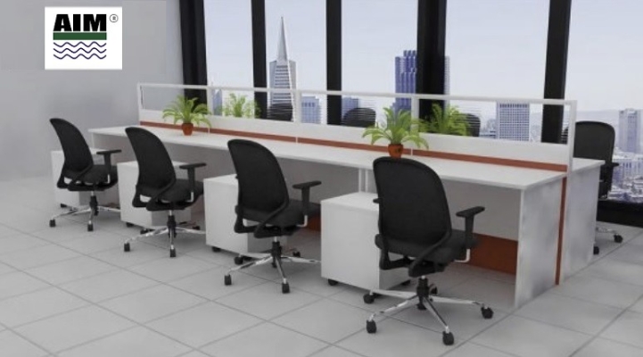 8 gang workstation with white table and half glass partition