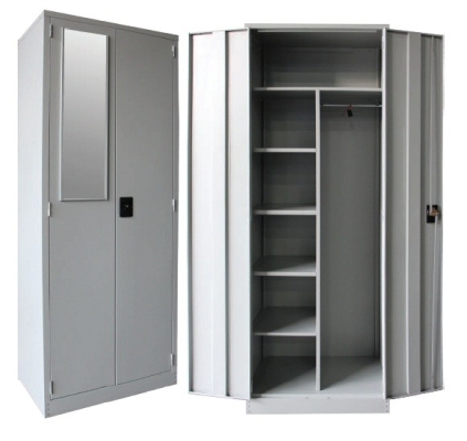 Full height wardrobe with steel swinging door with 1 mirror and shelves