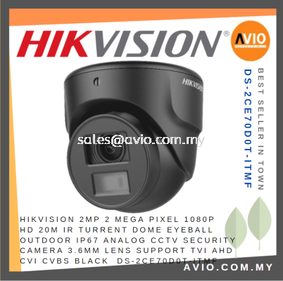 Hikvision 2MP 1080P HD 20m IR Turret Dome Eyeball IP67 Outdoor Analog CCTV Security Camera 3.6mm Black DS-2CE70D0T-ITMF