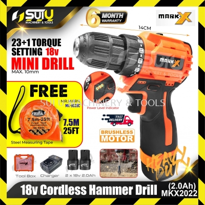 MARK X MKX-2022 18V Mini Brushless Compact Cordless Hammer Drill+2xBatt2.0Ah+Charger+Measuring Tape