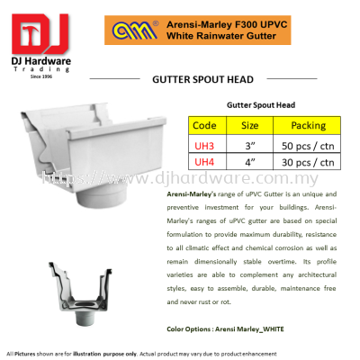 ARENSI MARLEY F300 UPVC WHITE RAINWATER GUTTER SPOUT HEAD UH3 UH4  (CL)