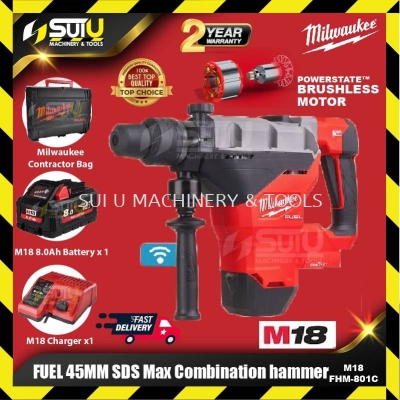 MILWAUKEE M18 FHM-0C0 Asia / FHM-801C FUEL 45mm SDS Max Combination Hammer w/ 1 x M18 8.0Ah Battery + 1 x Charger + 1 x Contractor Bag