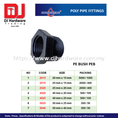 CL WATERWARE  POLY PIPE FITTINGS PE BUSH PEB (CL)