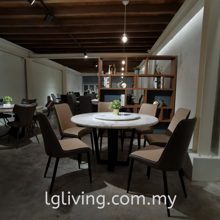 Marble Dining Table with Round Marble Base + Lazy Susan + 6 Dining Chairs (BR3+L11+BTT2+DC1545)