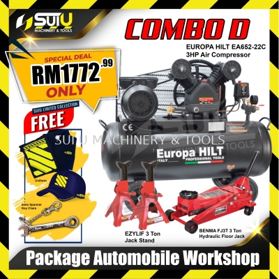 Combo D Automobile / Car Workshop Set (EUROPA HILT EA652-22C Air Compressor + 3 Tons Floor Jack + Jack Stand + Free Gift)