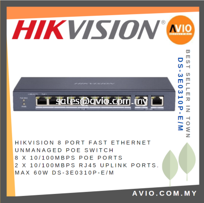 Hikvision 8 Port Ethernet Unmanaged POE Switch 8x 100mb POE 2x 100mb RJ45 Uplink 60w DS-3E0310P-E/M
