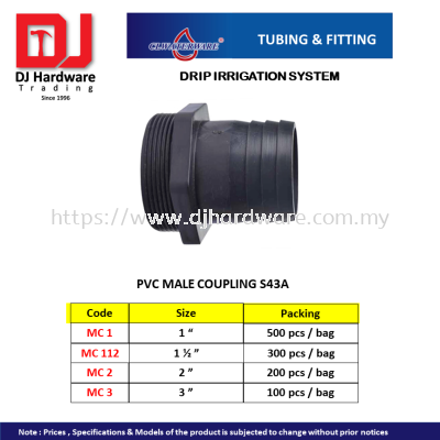 CL WATERWARE TUBING & FITTING DRIP IRRIGATION SYSTEM PVC MALE COUPLING S43A (CL)