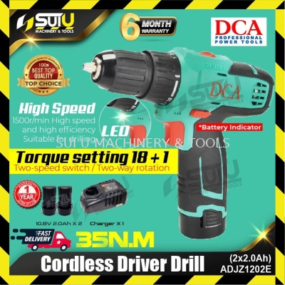 DCA ADJZ1202 / ADJZ1202E 10.8V 35NM Cordless Driver Drill 1500RPM + 2 x 2.0Ah Batteries + Charger