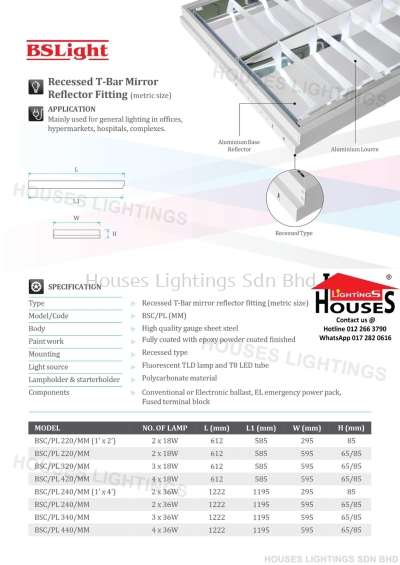 BSLight Recessed T-Bar Mirror Reflector Fitting (metric size)