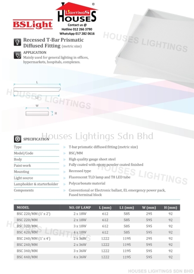 BSLight Recessed T-Bar Prismatic Diffused Fitting (metric size)