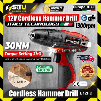 EUROPA HILT E12HD 12V Cordless Hammer Drill 30NM 1300rpm (SOLO - NO BATTERY & CHARGER)