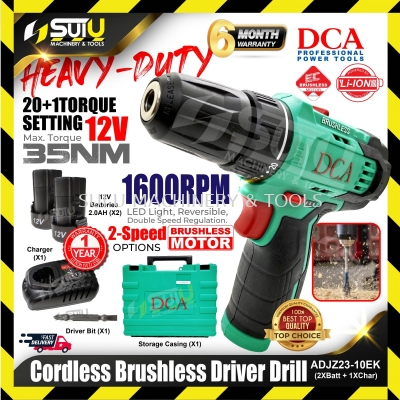 DCA ADJZ23-10 12V 35NM Brushless Cordless Driver Drill 1600RPM w/ 2 x Batteries + 1 x Charger