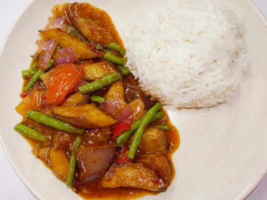 Assam Eggplant with Long Bean + Rice + Egg