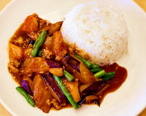 Eggplant with Salted Fish & Minced Meat + Rice + Egg