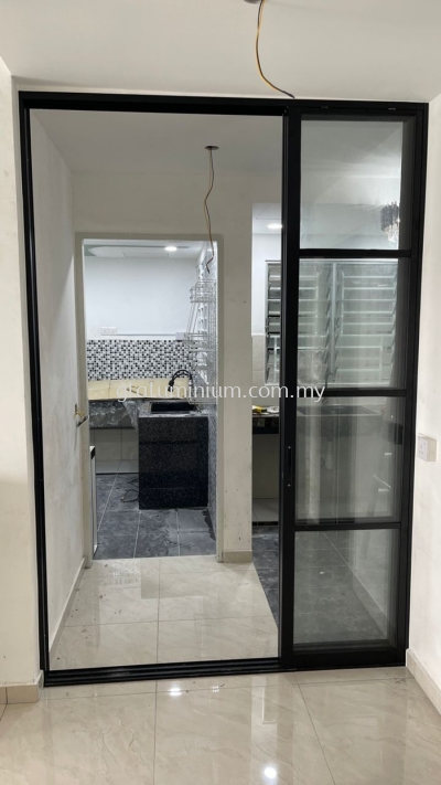 Sliding doors 3 panels ( powder coated black + clear glass) @Apartment D'Kristal, Jalan Ecohill, Semenyih