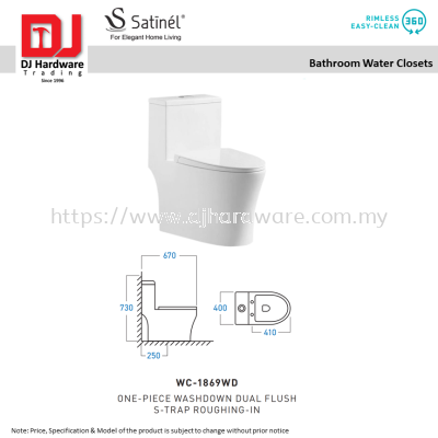 SATINEL FOR ELEGANT HOME LIVING RIMLESS EASY CLEAN 360 BATHROOM WATER CLOSETS ONE PIECE WASHDOWN DUAL FLUSH S TRAP ROUGHING IN WC 1869WD (OEL)