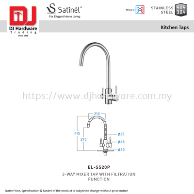 SATINEL FOR ELEGANT HOME LIVING STAINLESS STEEL SUS 304 MIXER KITCHEN TAPS 3 WAY MIXER TAP WITH FILTRATION FUNCTION EL SS20P (OEL)