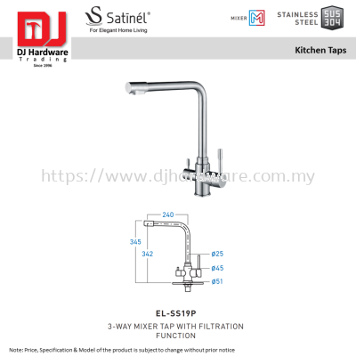 SATINEL FOR ELEGANT HOME LIVING STAINLESS STEEL SUS 304 MIXER KITCHEN TAPS 3 WAY MIXER TAP WITH FILTRATION FUNCTION EL SS19P (OEL)