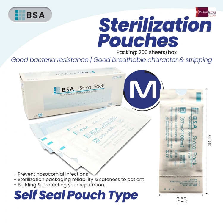 Sterilization Pouches (Self-Sealing) Size M - 90mmX230mm (Code 5512)
