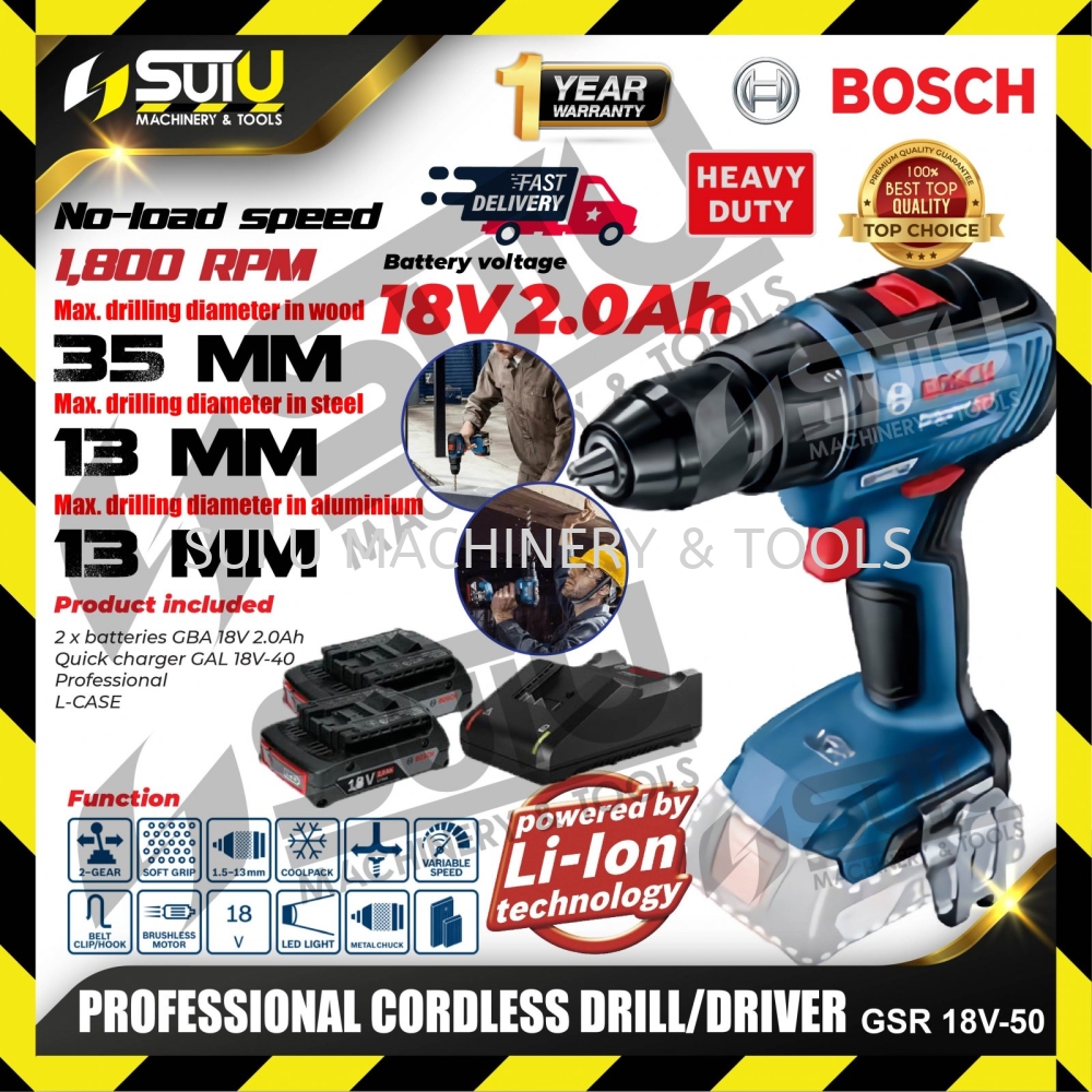 BOSCH GSR 18V-50 / GSR18V-50 18V 50NM Professional Cordless Drill / Driver  1800RPM w/ 2 x Batteries 2.0Ah + 1 x Charger Cordless Drill Cordless Power  Tools Power Tool Kuala Lumpur (KL),