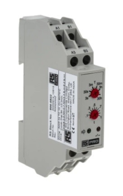  896-6822 - RS PRO SPDT Timer Relay, OFF Delay, 24V ac 0.3 s  30h, DIN Rail Mount